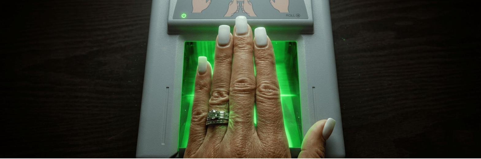 A hand on a green-lit fingerprint scanner