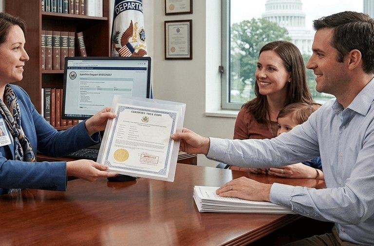 A family handing a certified document to a clerk